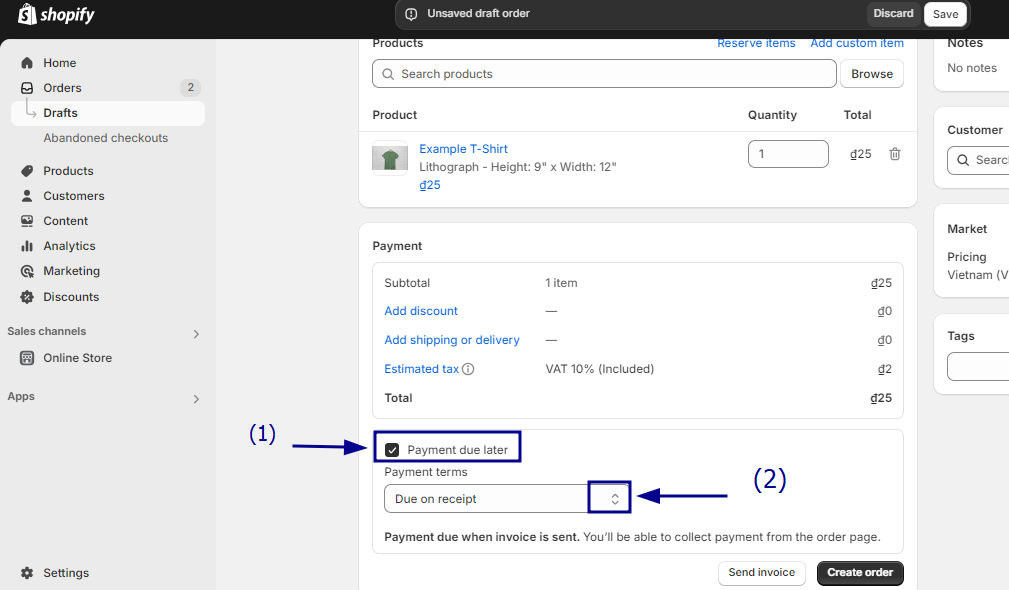 Click Payment due later and select the Payment term you want